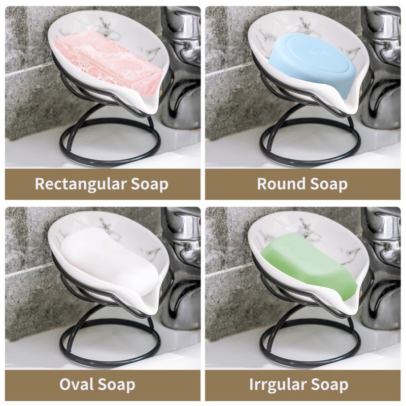 Dobbyby Leaf-Shaped Soap Dish - Premium Ceramic Soap Bar Holder with Self-Drainage System - Bar Soap Holder for Shower  Bathroom Sink  Kitchen - Waterfall Soap Dish with Stainless Steel Stand (Black) - Image 4